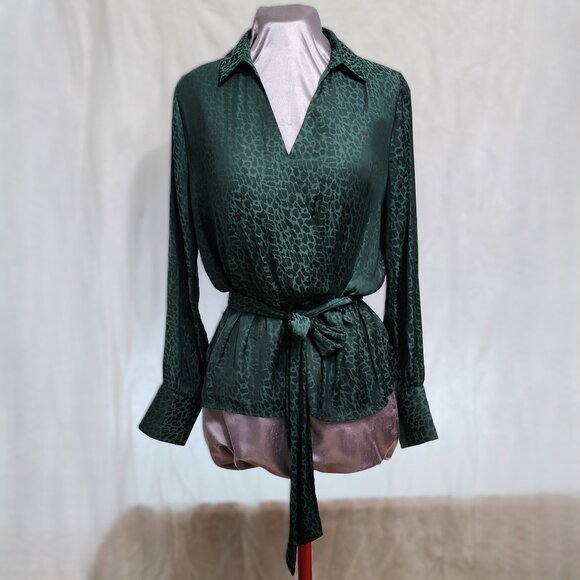 Jade Green Cheetah Print Blouse with Ribbon Waistline - Picture 1 of 11
